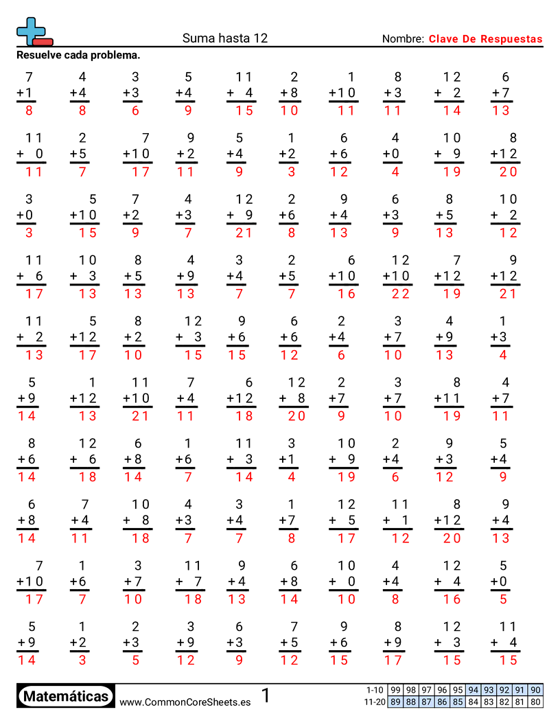 Sumando hasta 12 worksheet preview