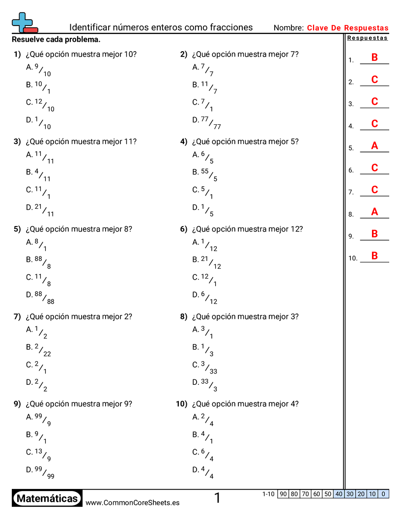 Ejercicios  de fracciones - identificar-numeros-enteros-como-fracciones worksheet