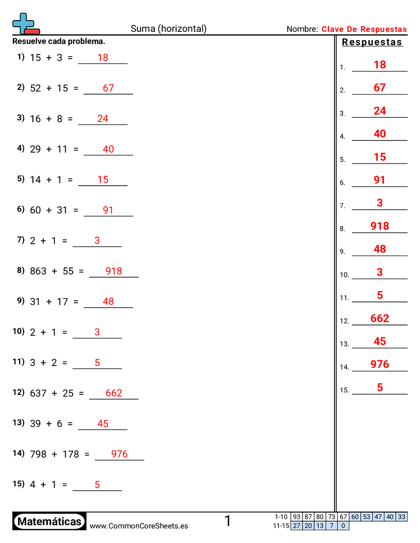 Ejercicios de sumas - suma-horizontal worksheet