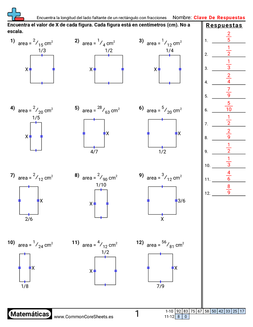 Ejercicios  área y perímetro - Encontrar el lado faltante de un rectángulo con fracciones worksheet