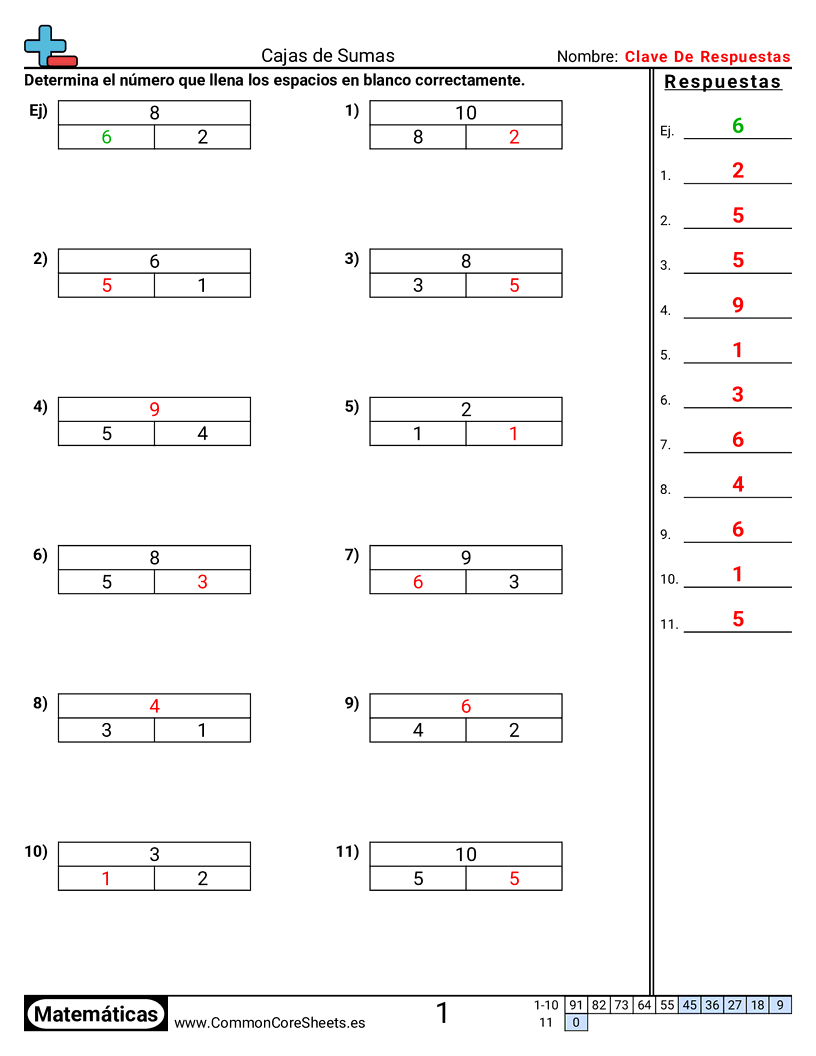 Ejercicios de sumas - cuadros-de-suma-hasta-diez worksheet