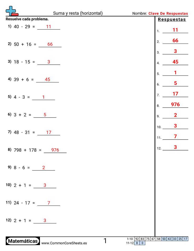 Ejercicios de sumas - suma-y-resta-horizontal worksheet