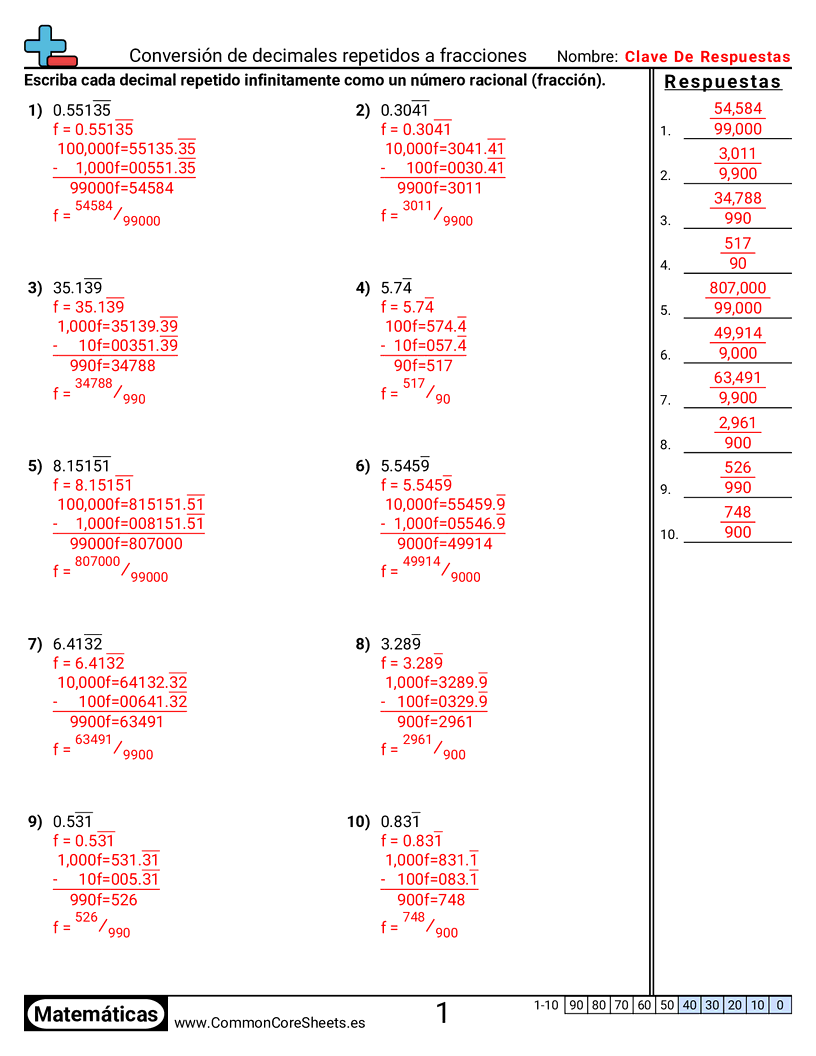 Convertir decimales periódicos a fracciones worksheet preview