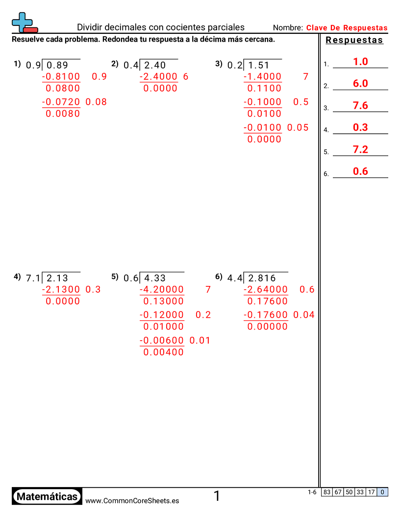 Dividir decimales con cocientes parciales worksheet preview