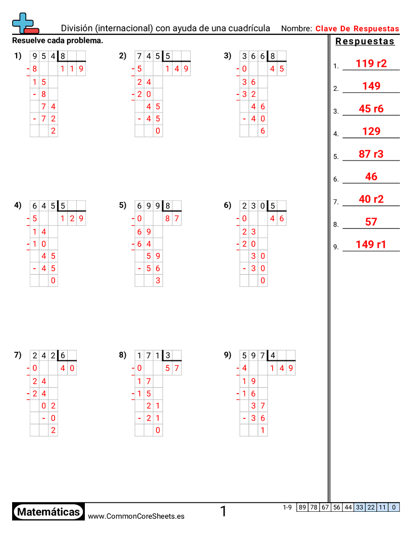 Ejercicios  de división - División (estilo internacional) con cuadrícula de ayuda worksheet