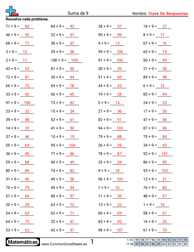 Ejercicios de sumas - sumar-de-9 worksheet