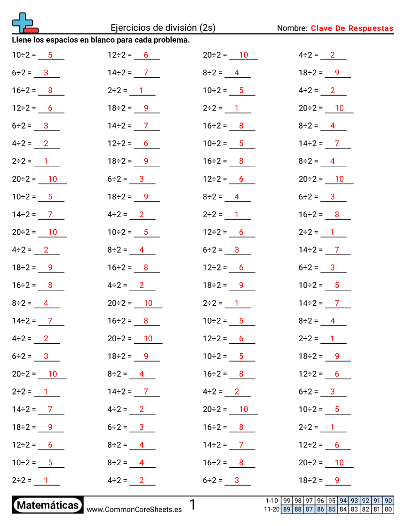 Ejercicios  de división - 2 (tablas) worksheet