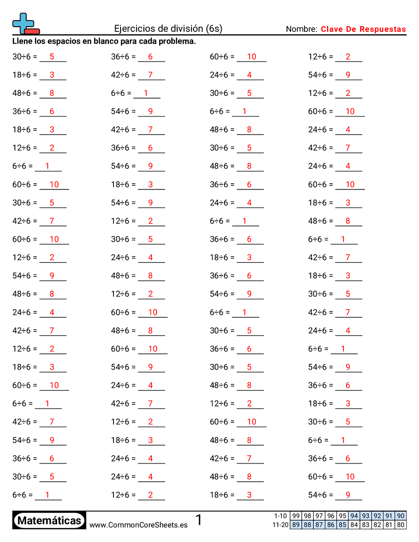 Ejercicios  de división - 6 (tablas) worksheet