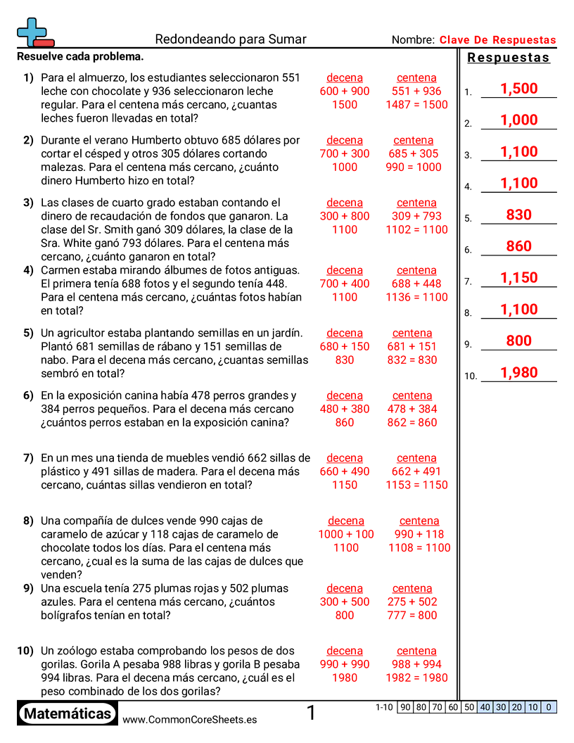 Ejercicios de sumas - encontrar-sumas-redondeando worksheet