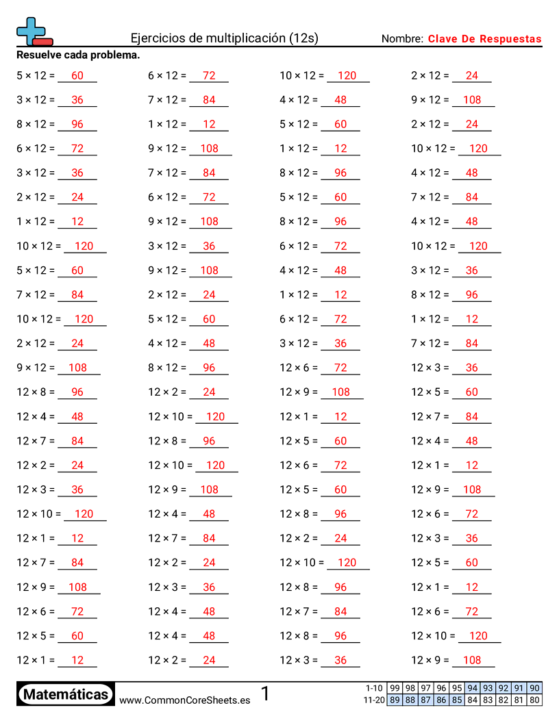 Ejercicios  de ejercicios de matemáticas - 12 (tablas) (horizontal) worksheet