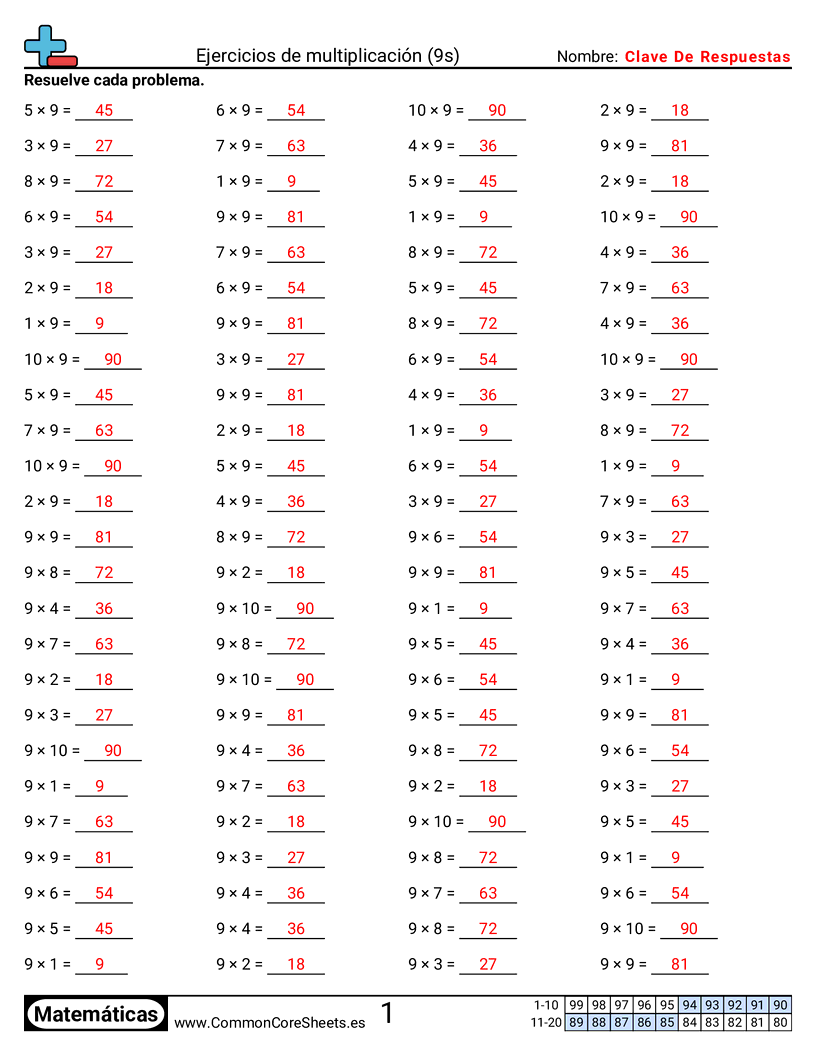 Ejercicios  de ejercicios de matemáticas - 9 (tablas) (horizontal) worksheet