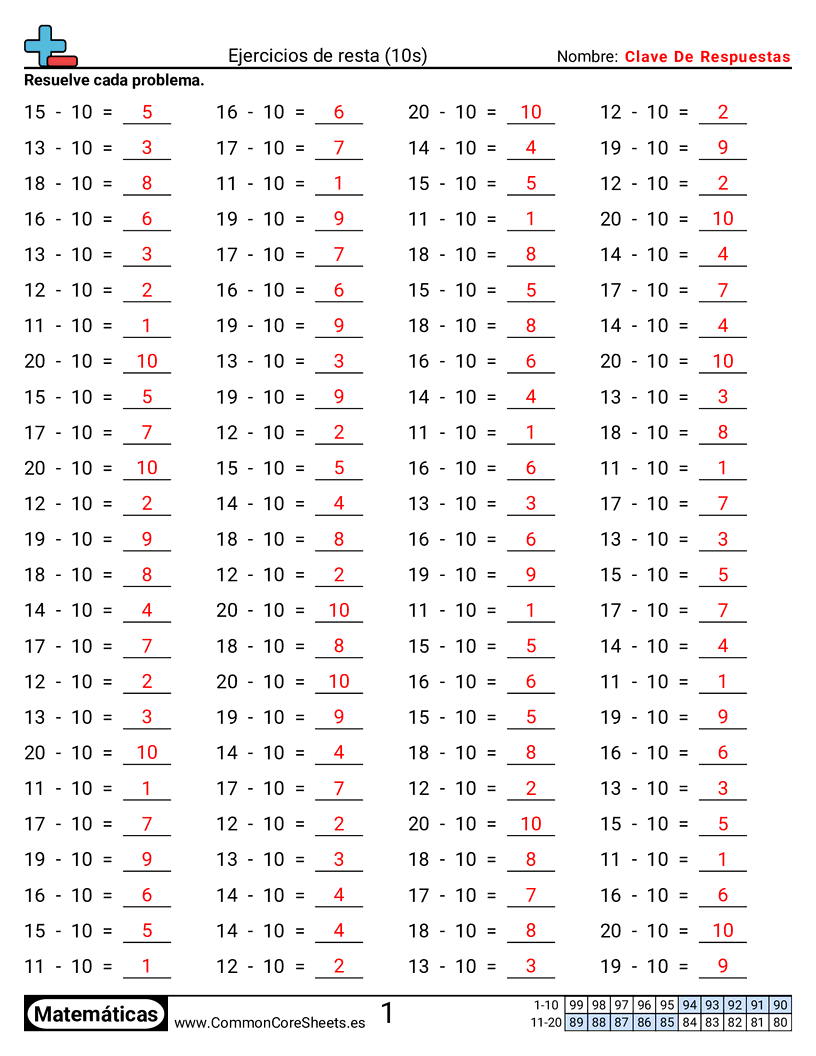 Ejercicios  de ejercicios de matemáticas - 10 (tablas) (horizontal) worksheet