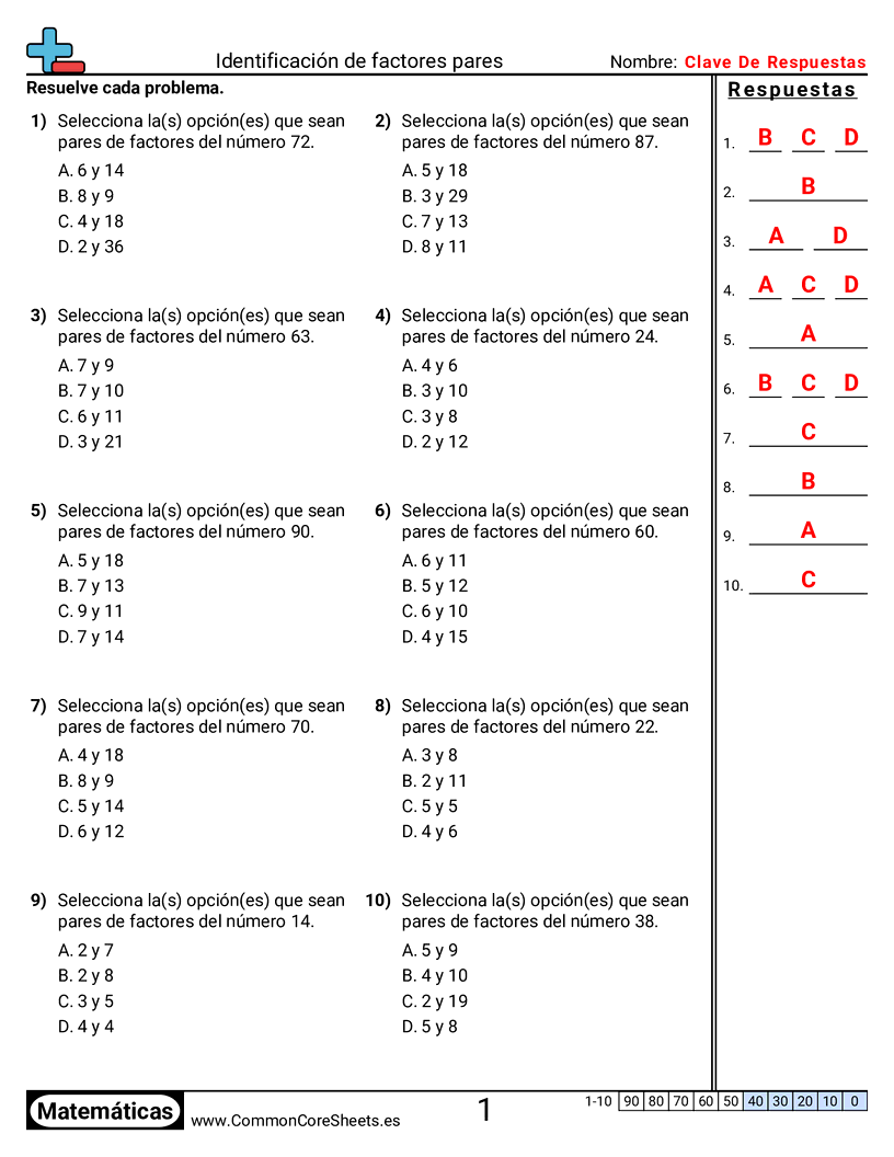Identificar pares de factores worksheet preview