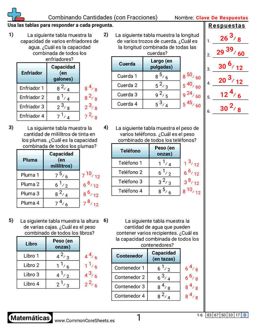 Ejercicios  de fracciones - combinar-cantidades worksheet