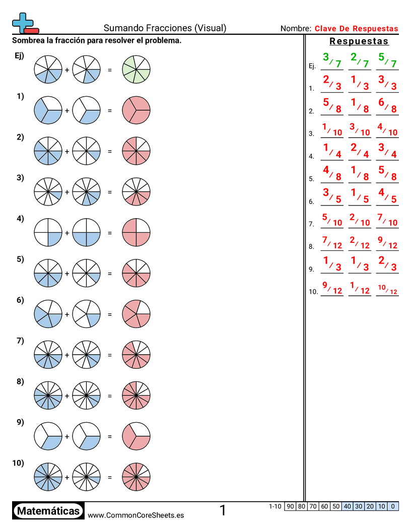 Ejercicios  de fracciones - sumar-fracciones-visual-combinar worksheet