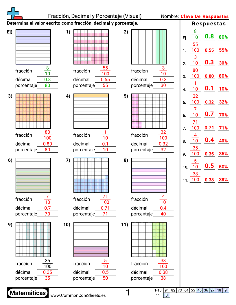 Ejercicios  de fracciones - fraccion-decimal-y-porcentaje-visual worksheet