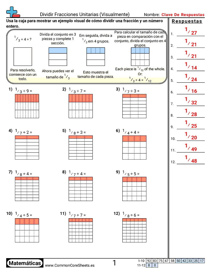 Ejercicios  de fracciones - dividir-fracciones-unitarias-visual worksheet