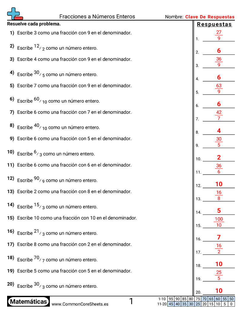 Ejercicios  de fracciones - fracciones-a-numeros-enteros worksheet