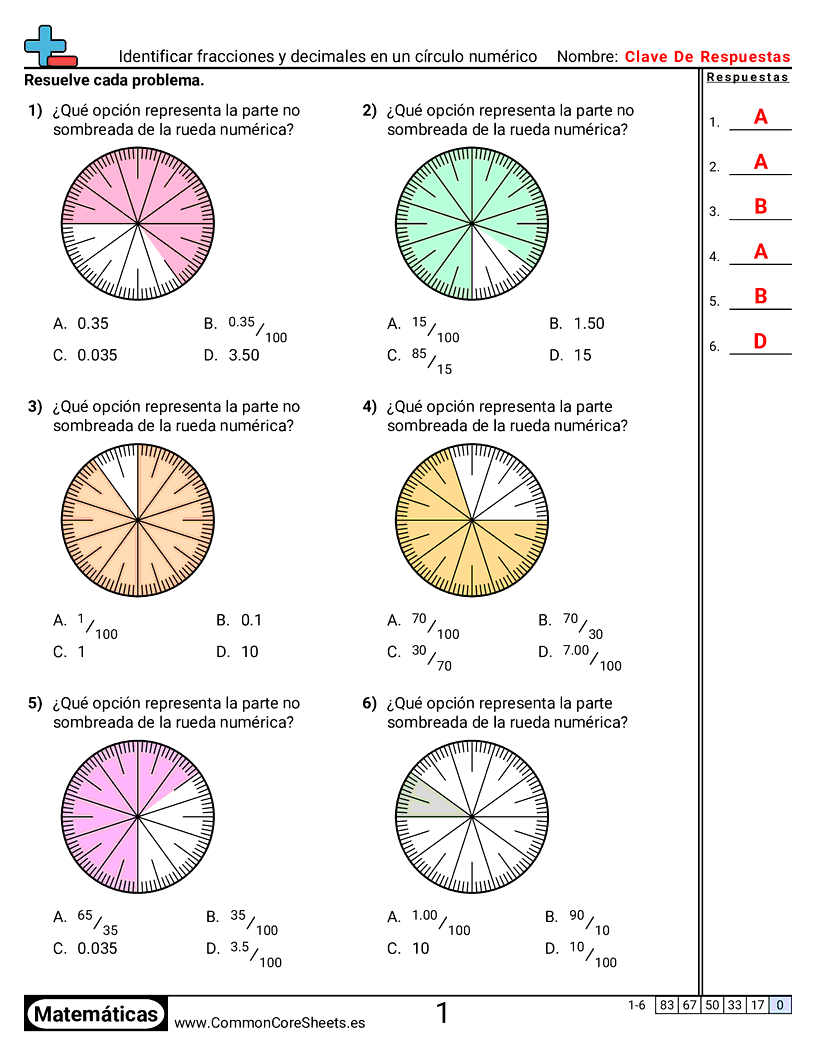 Ejercicios  de fracciones - identificar-fracciones-y-decimales-en-una-rueda-numerica worksheet