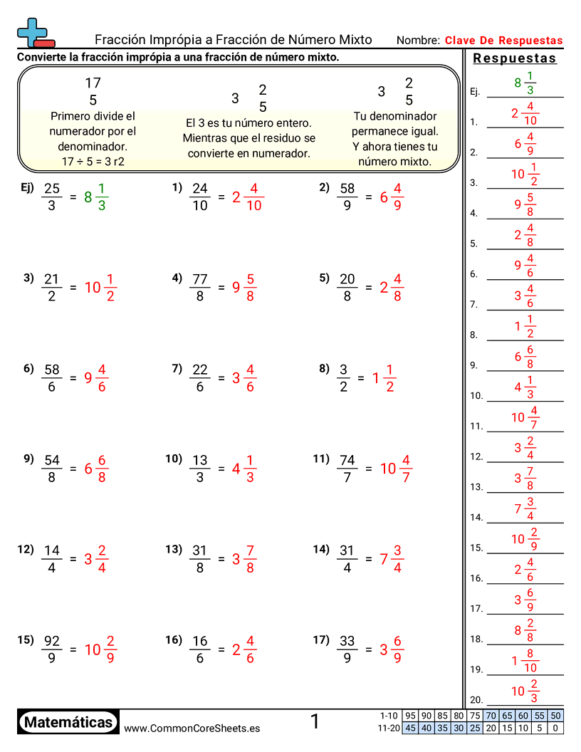 Ejercicios  de fracciones - impropia-a-numero-mixto worksheet