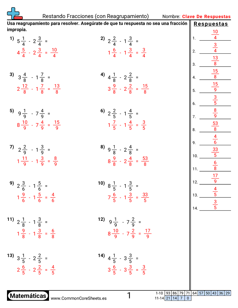 Ejercicios  de fracciones - restar-fracciones-con-reagrupacion worksheet