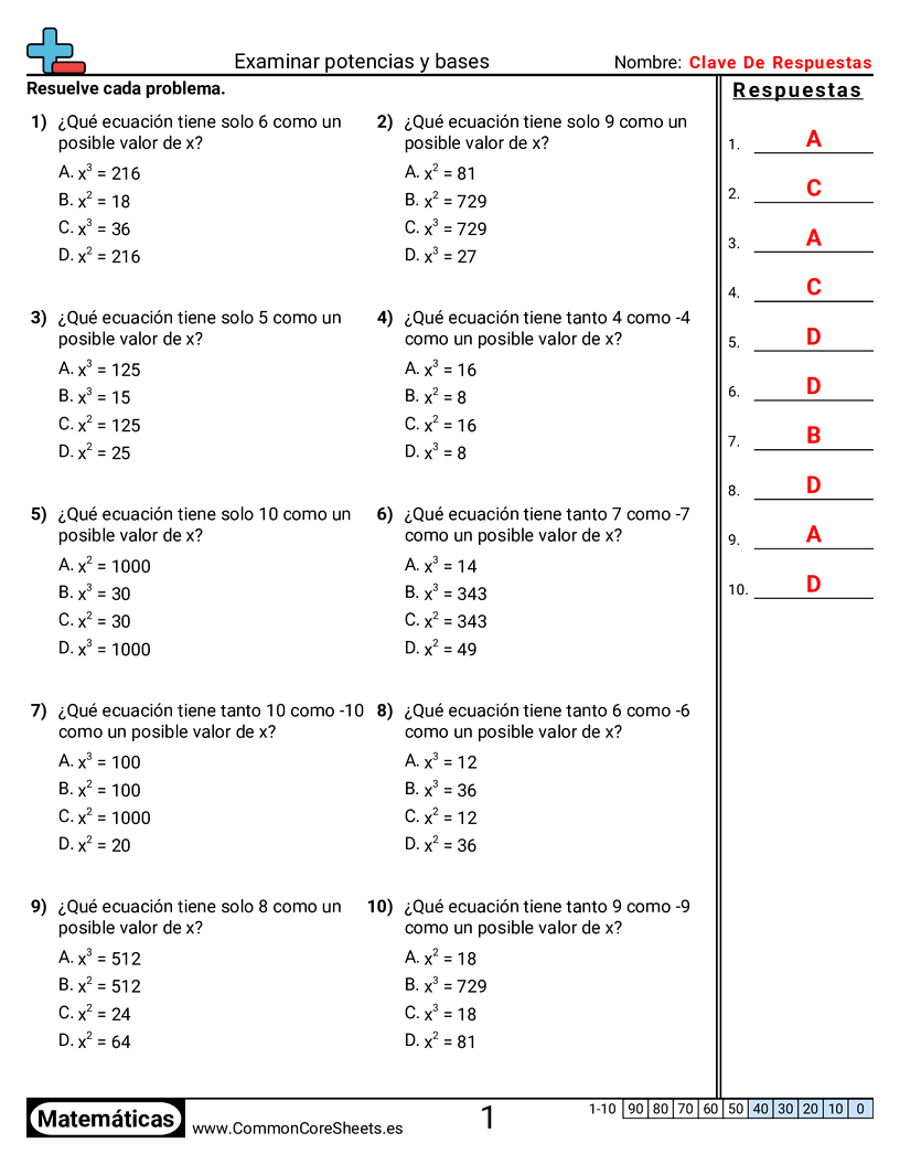 Examinar potencias y bases worksheet preview