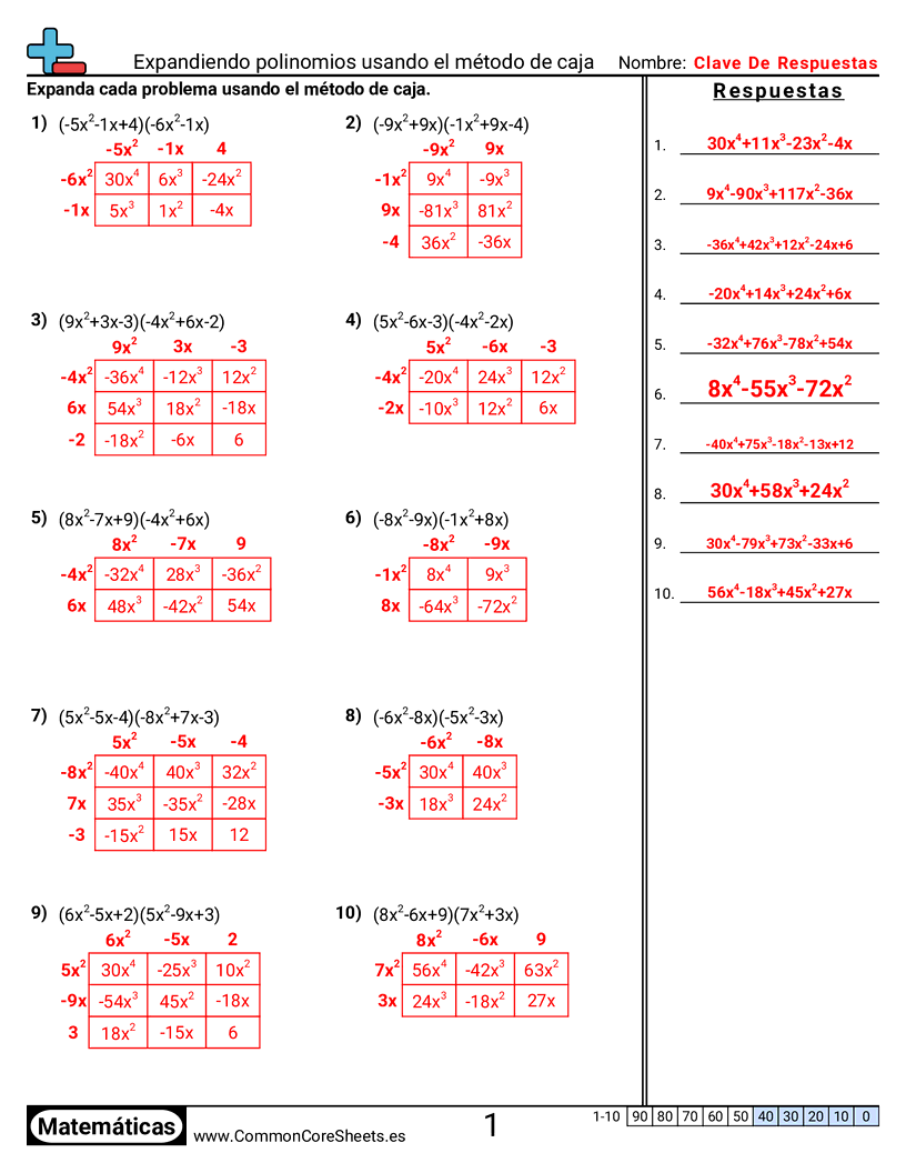 Expandir polinomios usando el método de la caja worksheet preview
