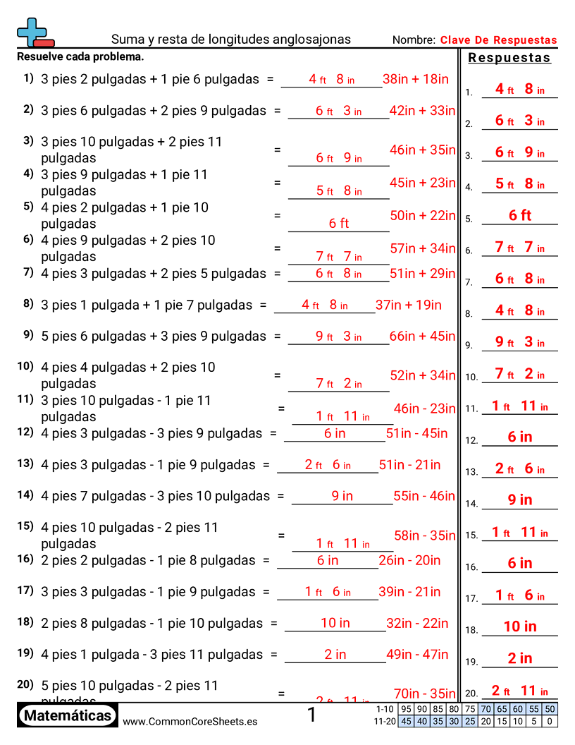 Sumar y restar longitudes estadounidenses worksheet preview