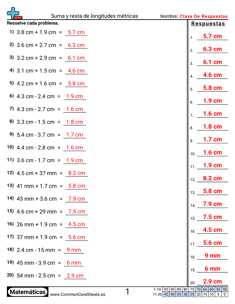 Sumar y restar longitudes métricas worksheet preview