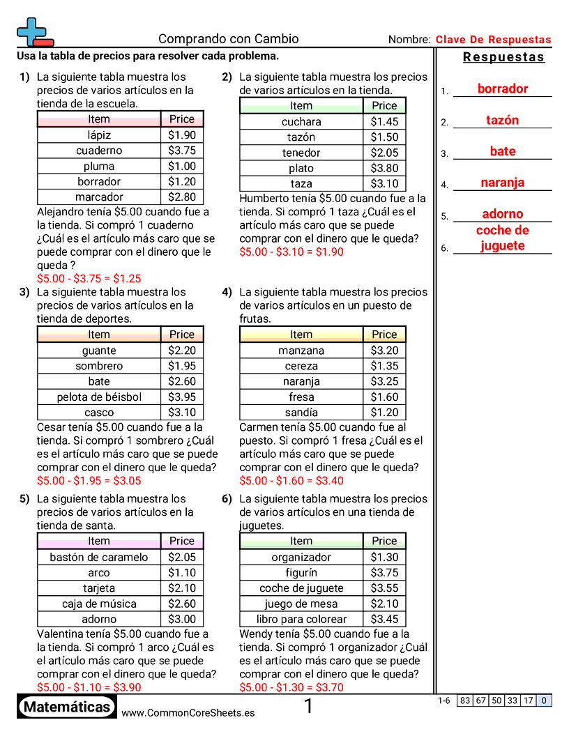 Comprar con cambio worksheet preview