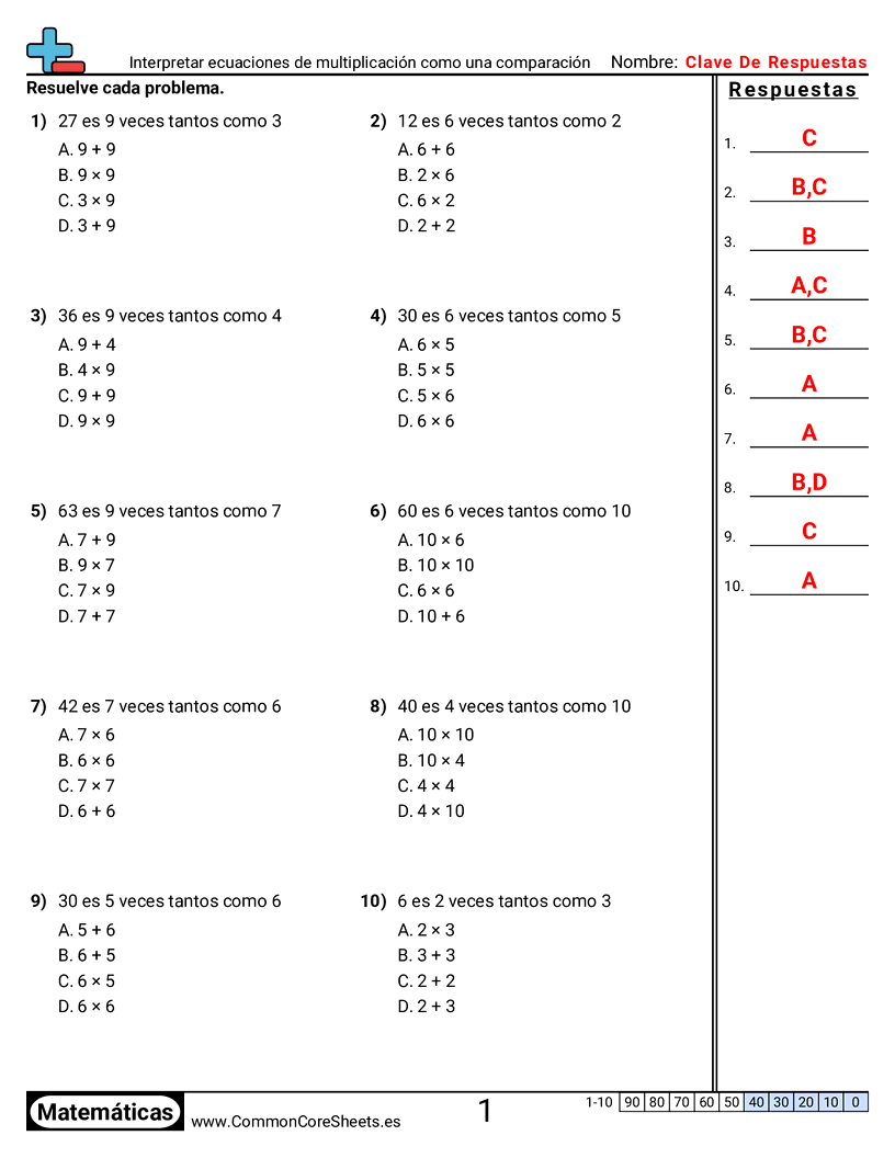 Interpretar ecuaciones de multiplicación como una comparación worksheet preview