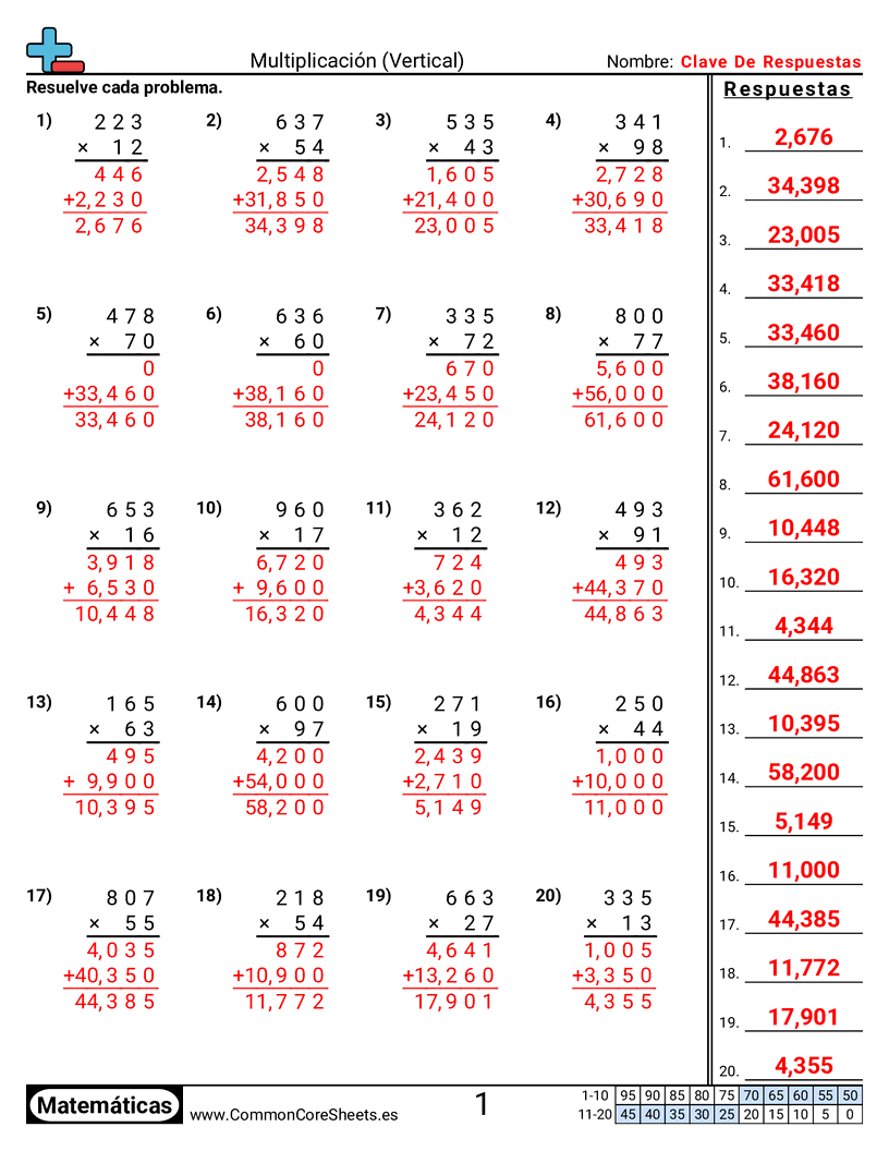 multiplicacion tradicional Worksheets - Vertical: 3 dígitos × 2 dígitos worksheet