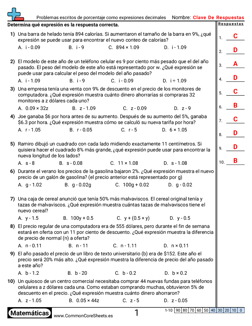 7th Grade Ejercicios de álgebra - Problemas de porcentajes como expresiones decimales (problemas de palabras) worksheet