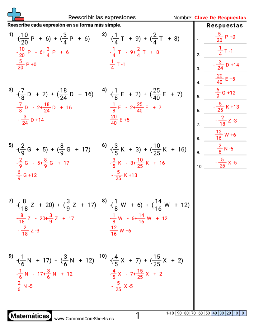 7th Grade Ejercicios de álgebra - Reescribir expresiones worksheet