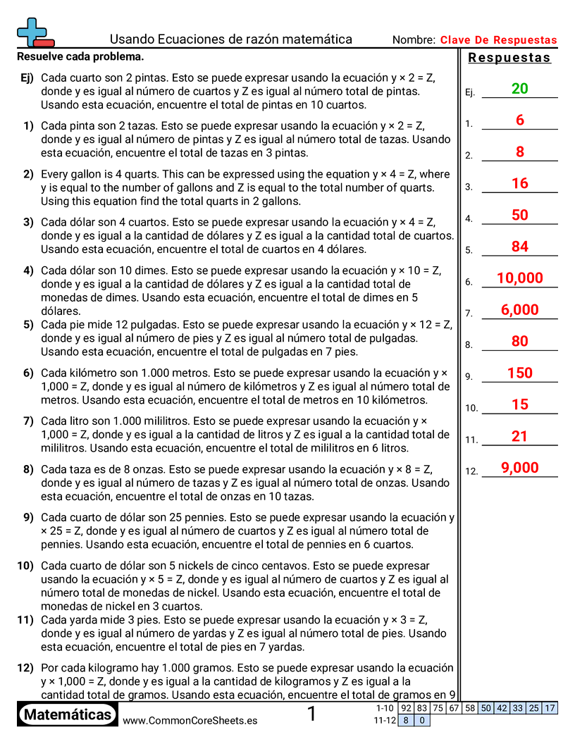 Ejercicios  de relaciones - usar-ecuaciones-de-razones worksheet