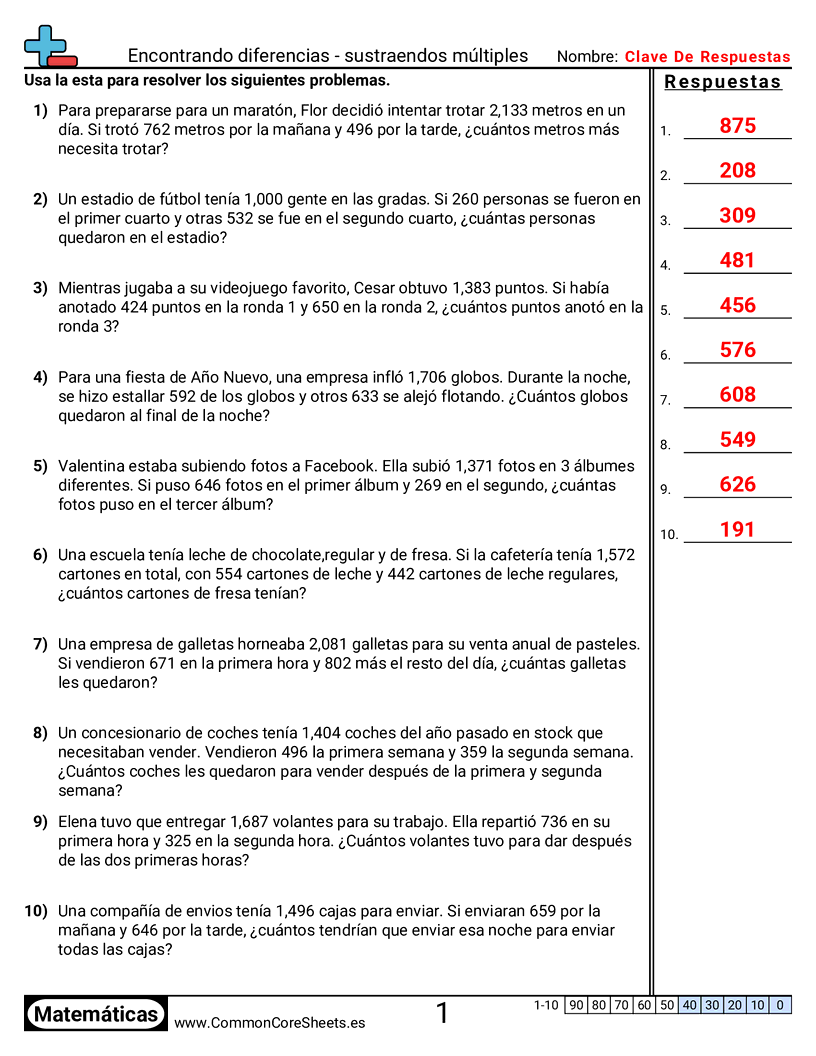 Varios sustraendos worksheet preview