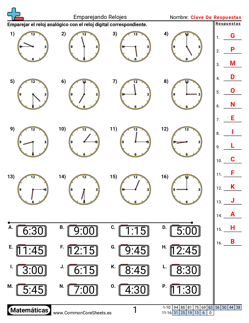 Ejercicios  de tiempo - emparejar-relojes-incrementos-de-15-minutos worksheet